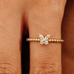 14K Solid Gold Beaded Natural Diamond Butterfly Ring - 图片 3