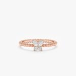 14K Solid Gold Beaded Natural Diamond Butterfly Ring - 图片 4