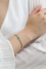 14K Solid Gold Bold Emerald & Diamond Cuban Chain Bracelet - 图片 4