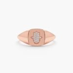 14K Solid Gold Natural Diamond Hamsa Signet Ring - 图片 3