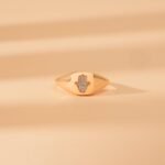 14K Solid Gold Natural Diamond Hamsa Signet Ring - 图片 6