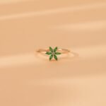 14K Solid Gold Emerald and Natural Diamond Flower Ring - Image 6