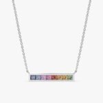 14k Gold Long Rainbow Sapphire Bar Necklace - Image 3