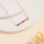 14k Gold Long Rainbow Sapphire Bar Necklace - Image 5