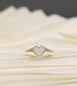 14K Solid Gold Pave Natural Diamond Heart Signet Ring - 图片 5