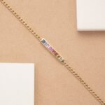 14K Solid Gold Rainbow Sapphire Cuban Chain Bar Bracelet - Image 4