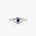 14K Solid Gold Sapphire & Pave- Natural Diamond Evil Eye Ring - Image 4