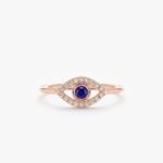 14K Solid Gold Sapphire & Pave- Natural Diamond Evil Eye Ring - Image 2