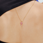 14K Solid Gold Pink Sapphire Cross Pendant - 图片 2