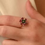 18K Solid Gold Multi Precious Gemstone Flower Ring - 图片 2