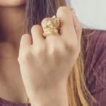 14K Textured Yellow Gold Moissanite Diamond Vixen Ring - Image 2