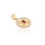 14K Solid Gold Centered Ruby Halo Diamond Striped Medallion Coin Pendant - 图片 3