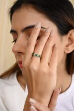 14K Solid Gold Emerald Diamond Halo Trinity Ring - Image 4