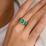 14K Solid Gold Three Stone Emerald Diamond Ring - Image 2