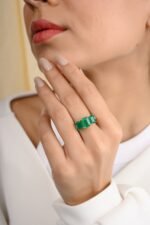 18K Solid Gold Trillion Emerald Diamond Wedding Ring - Image 5