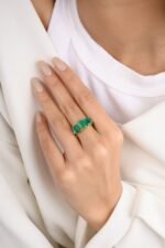 18K Solid Gold Trillion Emerald Diamond Wedding Ring - Image 2