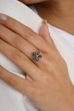 14K Solid Gold Blue Sapphire Handmade Floral Ring - 图片 4