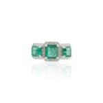 14K Solid Gold Emerald Diamond Three Stone Ring