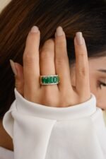 18K Solid Gold Five Stone Emerald Diamond Engagement Band Ring - 图片 2