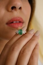 14K Solid Gold Emerald Diamond Wedding Ring - Image 2