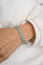 18k Solid Gold Emerald Halo Diamond Tennis Bracelet - 图片 2