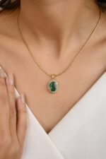 14K Gold Emerald Halo Diamond Pendant - Image 6