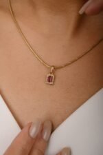 14K Solid Gold Ruby Halo Diamond Pendant - 图片 5