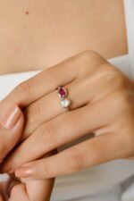 14K Solid Gold Heart Diamond & Oval Ruby Toi et Moi Ring - Image 2