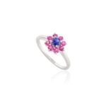 18K Solid Gold Ruby Blue Sapphire Flower Shape Ring - 图片 3