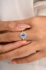 14K Solid Gold Sapphire Halo Diamond Ring - Image 4