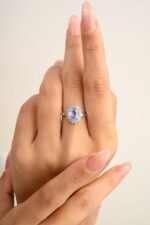 14K Solid Gold Sapphire Halo Diamond Ring - Image 2