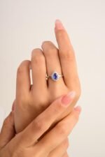 14K Solid Gold Pear Cut Blue Sapphire & Halo Diamond Ring - 图片 2