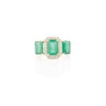 14K Solid Gold Three Stone Emerald Diamond Ring