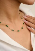 14K Solid Gold Emerald Station Chain Necklace - 图片 3