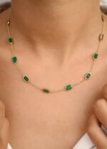 14K Solid Gold Emerald Station Chain Necklace - 图片 2