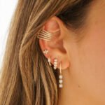 14K Gold Lab Grown Diamond Triple Prong Drop Hoop Earrings - Image 2