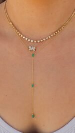 14K Solid Gold Pear Emerald Lariat Necklace - 图片 2