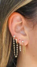 14K Gold  Hoop To Stud Bezel Diamond Connecting Earring - Image 2