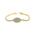 14K Solid Gold Pave Diamond Emerald Evil Eye Bracelet - 图片 3