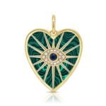 14K Solid Gold Diamond Sapphire Evil Eye Heart Pendant