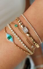 18k Solid Gold Turquoise and Emerald Pave Dainty Eye Bracelet - Image 2