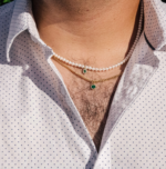 18k Solid Gold Pearl Emerald Pendant Necklace - 图片 2