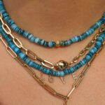 14K Solid Gold Diamond Love Blue Heishi Beaded Necklace - Image 2