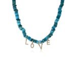 14K Solid Gold Diamond Love Blue Heishi Beaded Necklace