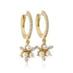 18k Gold Moissanite Diamond Pearl Cluster Drop Hoop Earring - Image 4