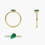 18K Solid Gold Slanted Pear Shape Emerald Ring with Pave Diamonds - Image 4