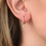 14K Solid Gold Hoop with Dangling Diamond - Image 2