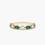 14K Solid Gold  Marquise Emerald and Diamond Wedding Band - Image 4