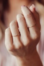 Three Diamonds in Migraine Bezel Band , Minimal Gold Ring - Image 2