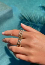 14k Gold Chunky Chain link And Natural Diamond Ring - Image 2